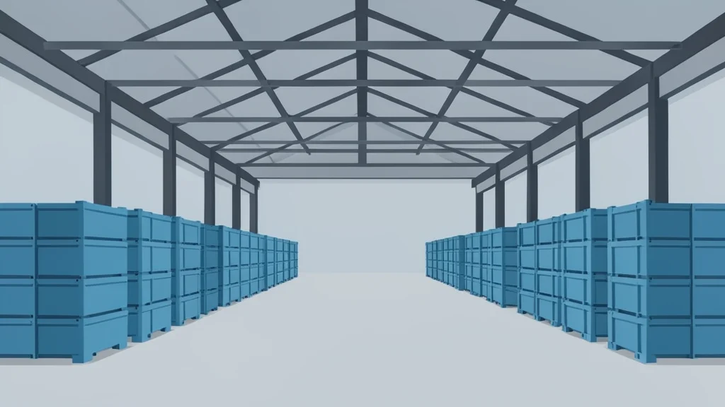 A large industrial warehouse filled with rows of stacked rectangular battery modules