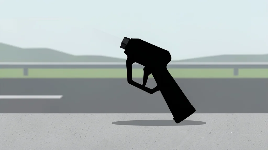 A gas pump nozzle resting on a concrete surface next to a blurred highway landscape