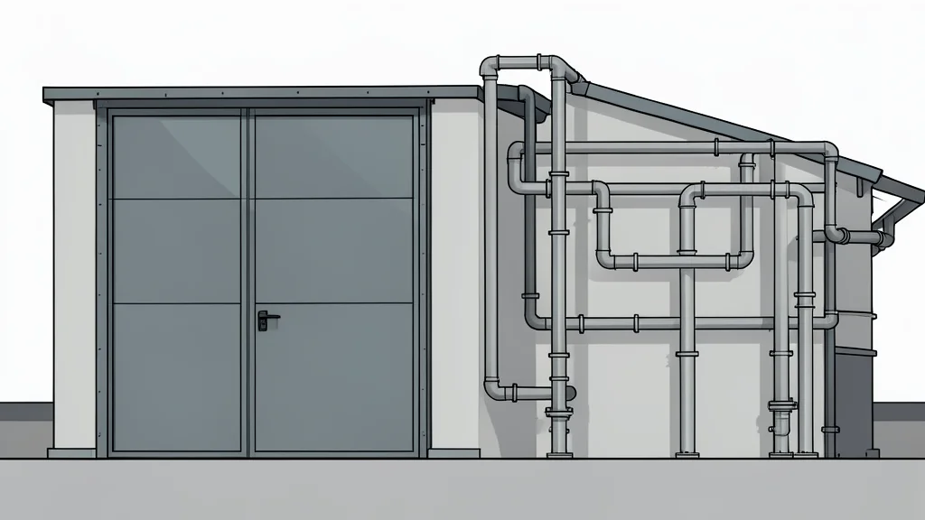 A secure industrial warehouse with heavy steel doors and a network of connected pipes