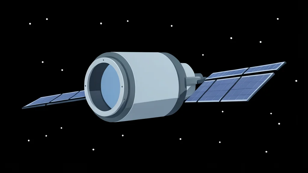 A large, cylindrical spacecraft with a wide, flat solar array panel extending from its side, floating against the blackness of space with a faint starfield in the background.