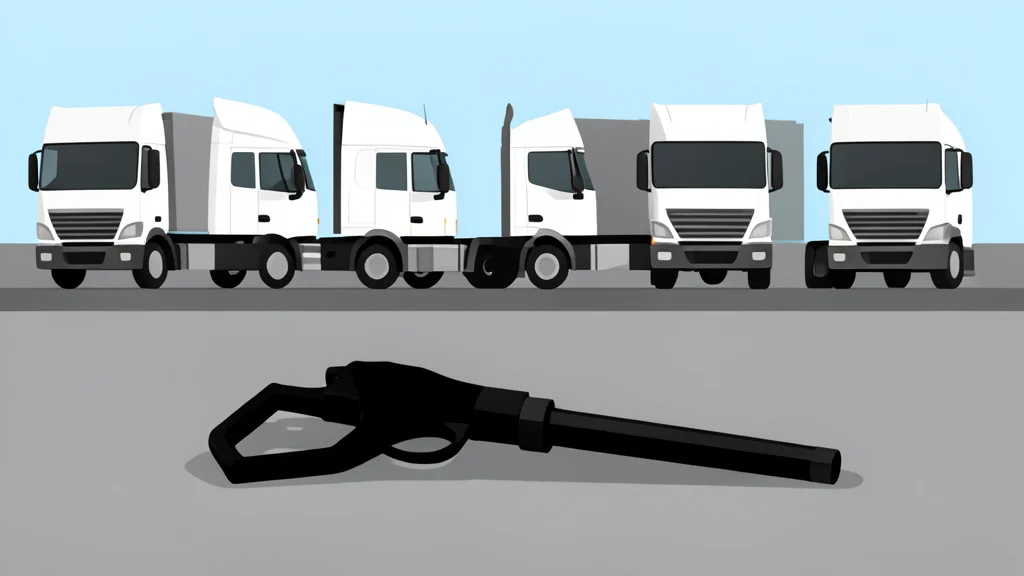 A fuel pump nozzle resting on a concrete surface next to a row of parked semi-trucks