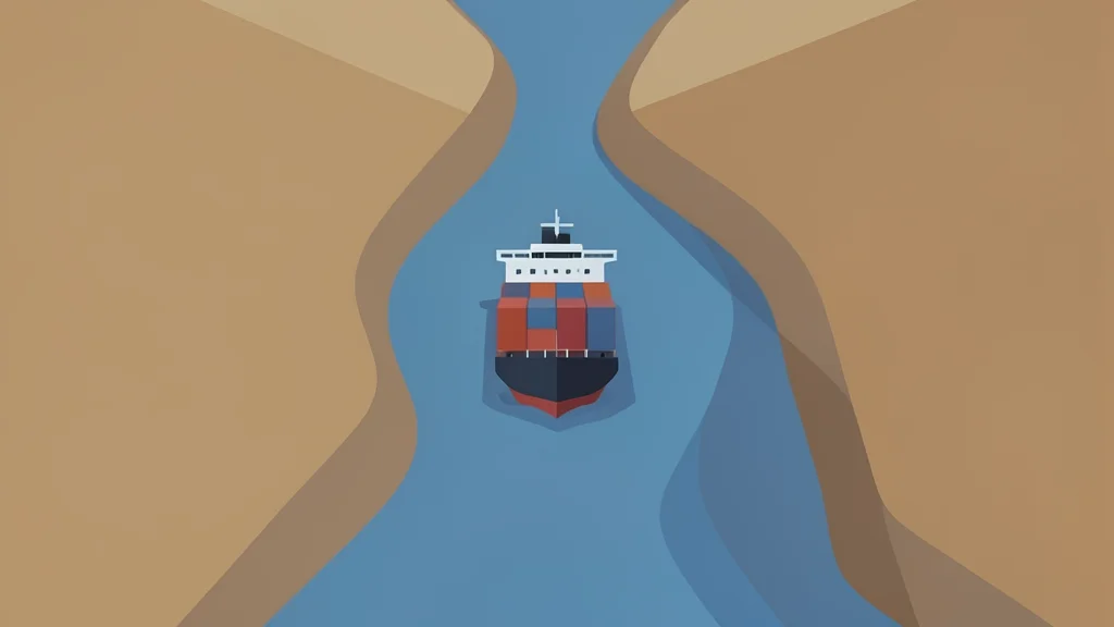 A narrow, winding waterway connecting two large landmasses with a large cargo ship navigating through the center