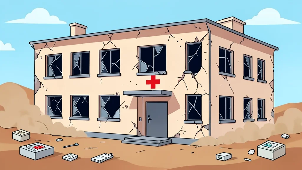 A damaged hospital building with broken windows and a red cross symbol on the wall, surrounded by dusty terrain and scattered medical supplies.