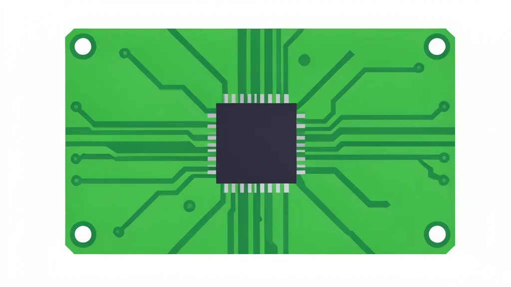A detailed close-up of a circuit board featuring intricate copper pathways and a central processing unit.