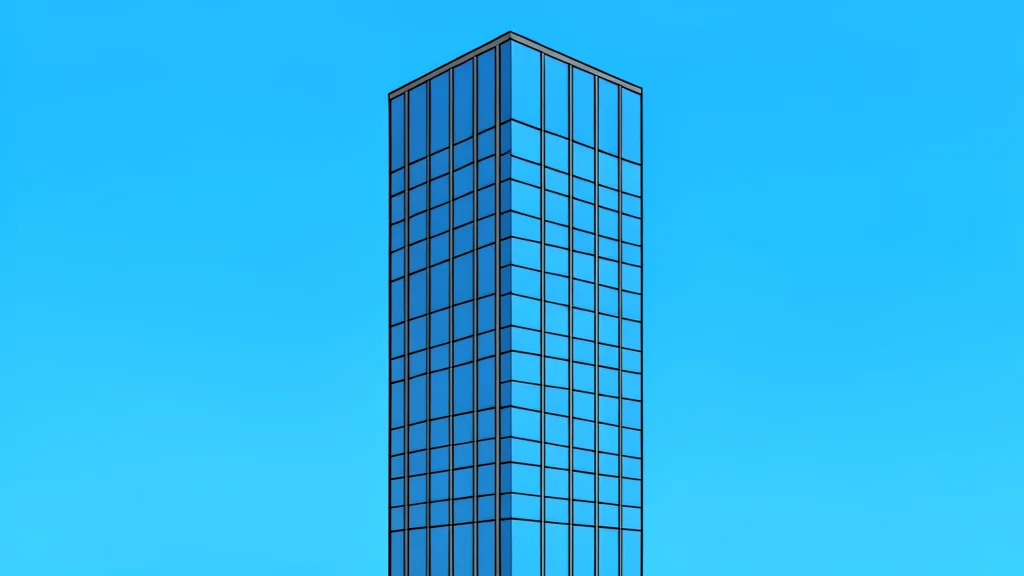 A modern glass skyscraper with a grid-like facade reflecting the sky