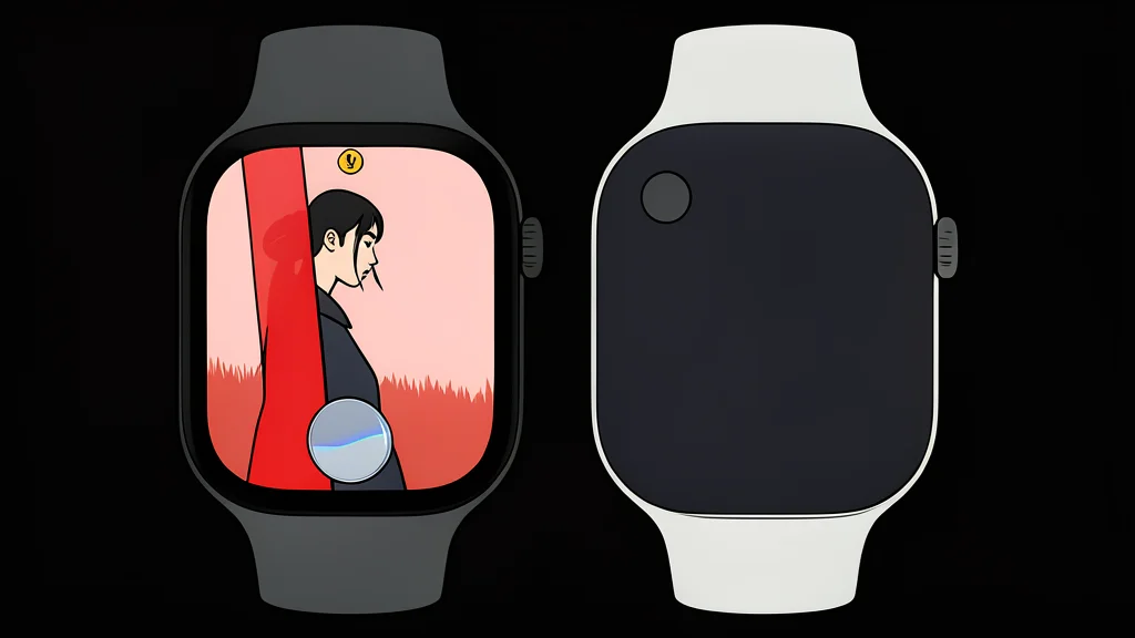 A smartwatch face resting on a wooden table next to a coffee cup