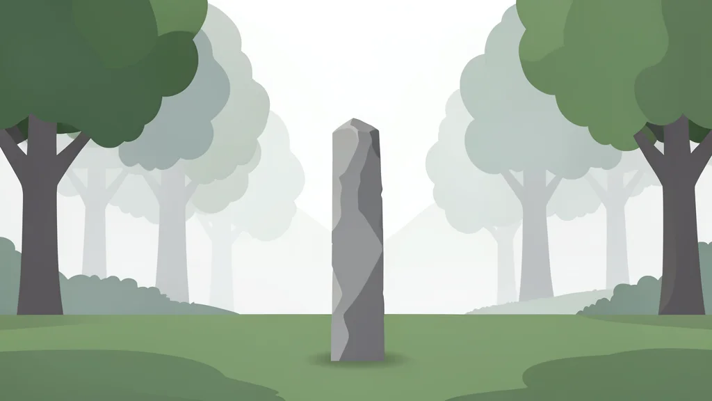 A solitary stone boundary marker standing in a dense, misty forest clearing.