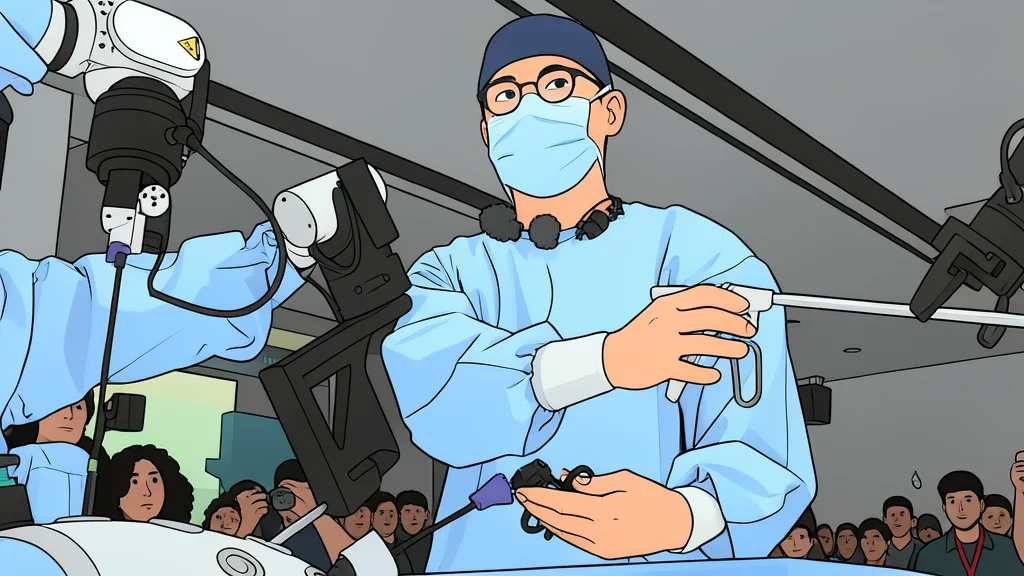 A humanoid robot in a blue gown stands in a sterile room holding a surgical instrument.