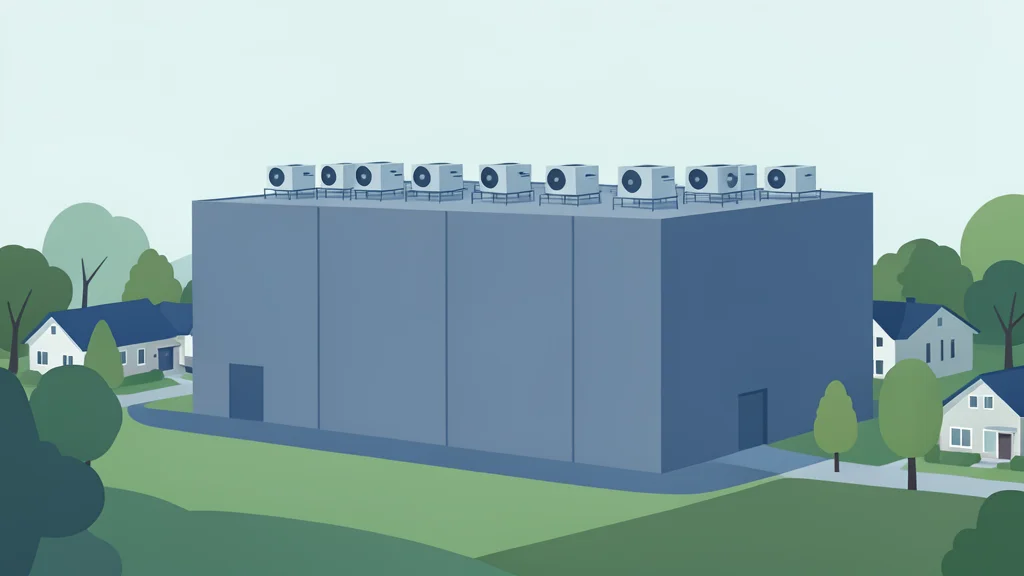 A large, modern industrial building with rows of cooling fans on the roof, standing in a quiet residential neighborhood with trees and houses in the background.