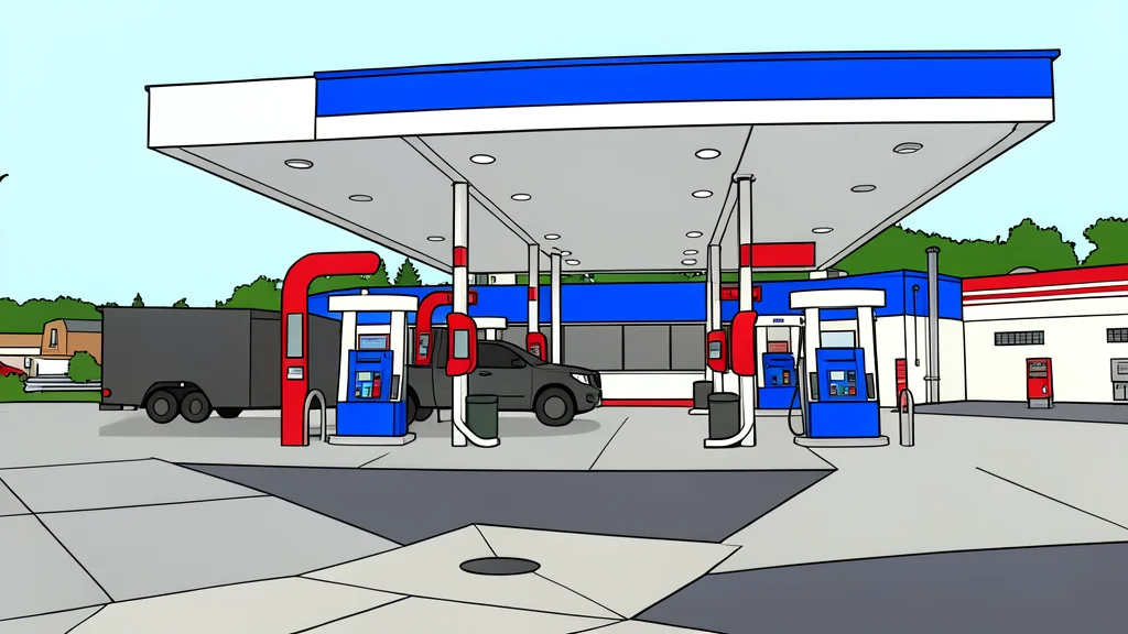 A row of fuel pumps at a service station under an overcast sky