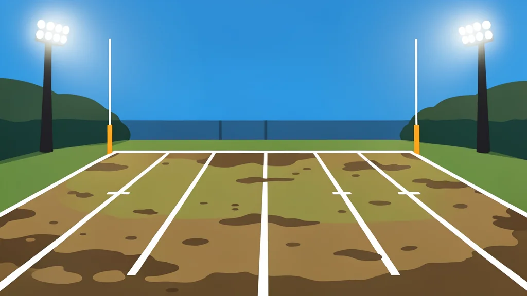 A muddy football field with white yard lines and goalposts under stadium lights