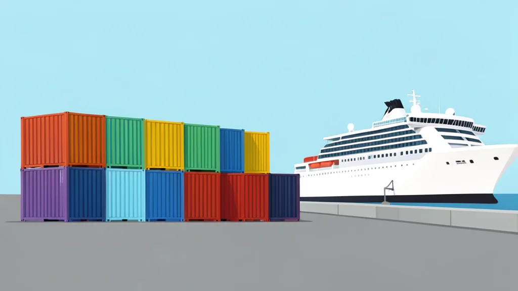 A row of stacked shipping containers on an asphalt lot next to a large cruise ship docked at a harbor pier.