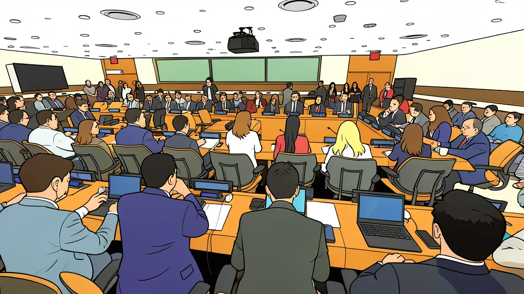 A large, circular wooden table with empty chairs arranged around it, set in a dimly lit conference room with tall windows looking out onto a city skyline.