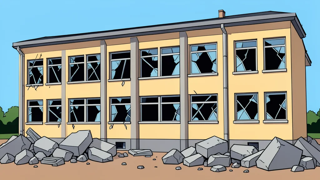 A damaged school building with broken windows and rubble on the ground
