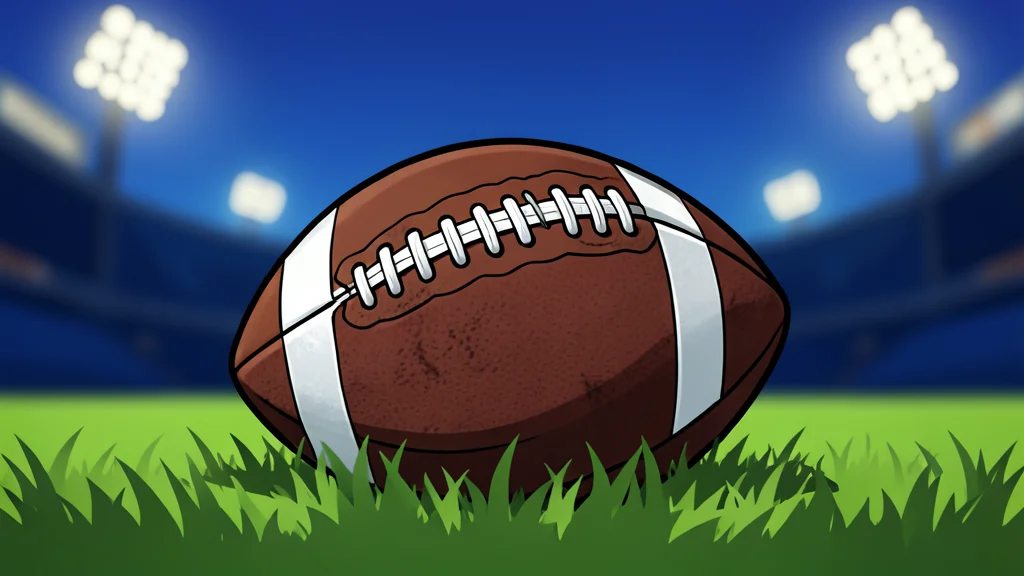 A stylized green football field with white yard lines and distant goalposts under a twilight sky