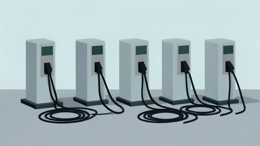 A row of electric vehicle charging stations with cables coiled on the ground