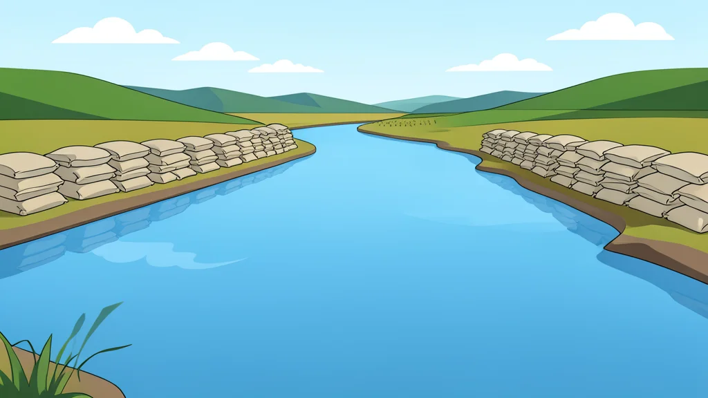 A wide river flowing through a landscape with sandbags stacked along the bank