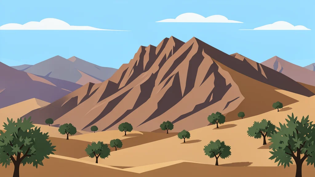 A rugged mountain ridge overlooking a dry, arid valley with scattered olive trees.