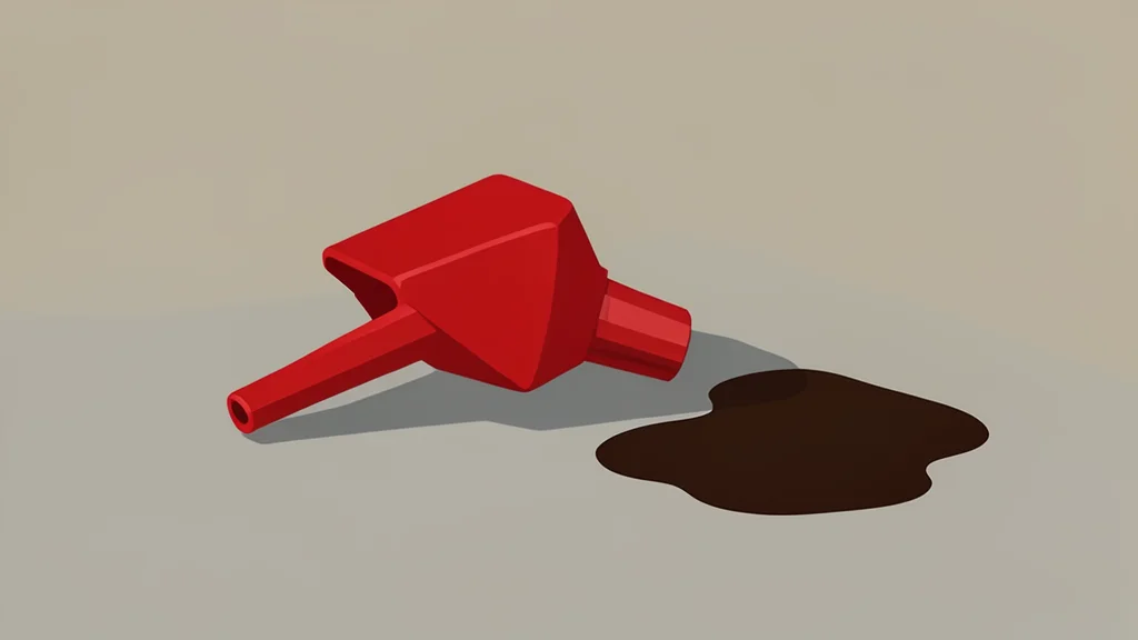 A fuel pump nozzle resting on a concrete surface next to a puddle of spilled liquid
