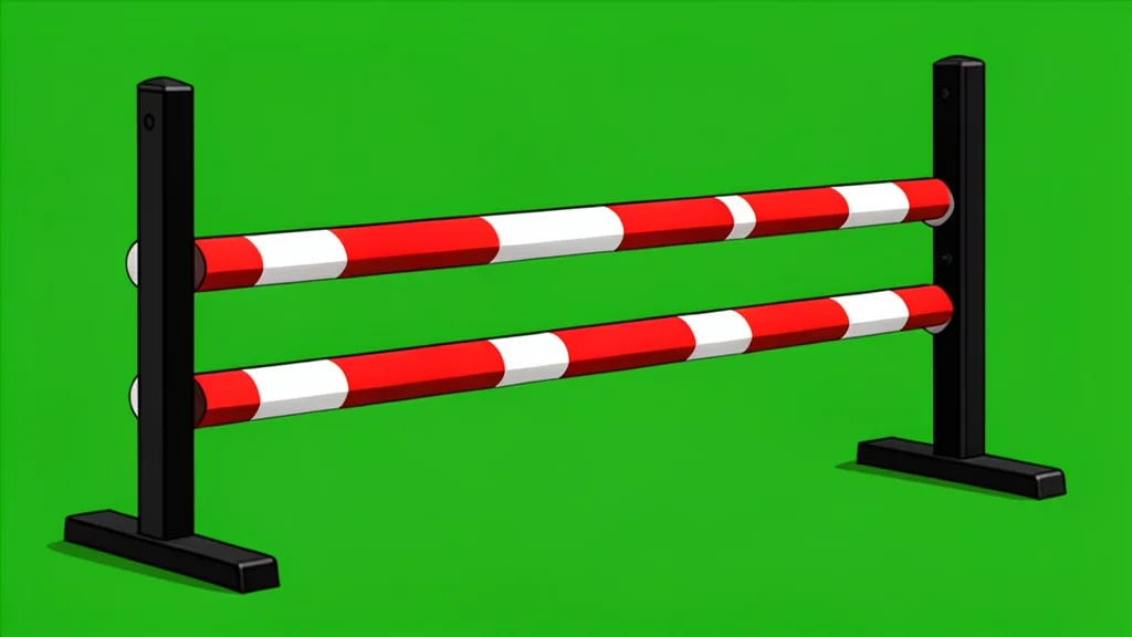A wooden show jumping oxer obstacle with a white and red striped pole on a green grass arena