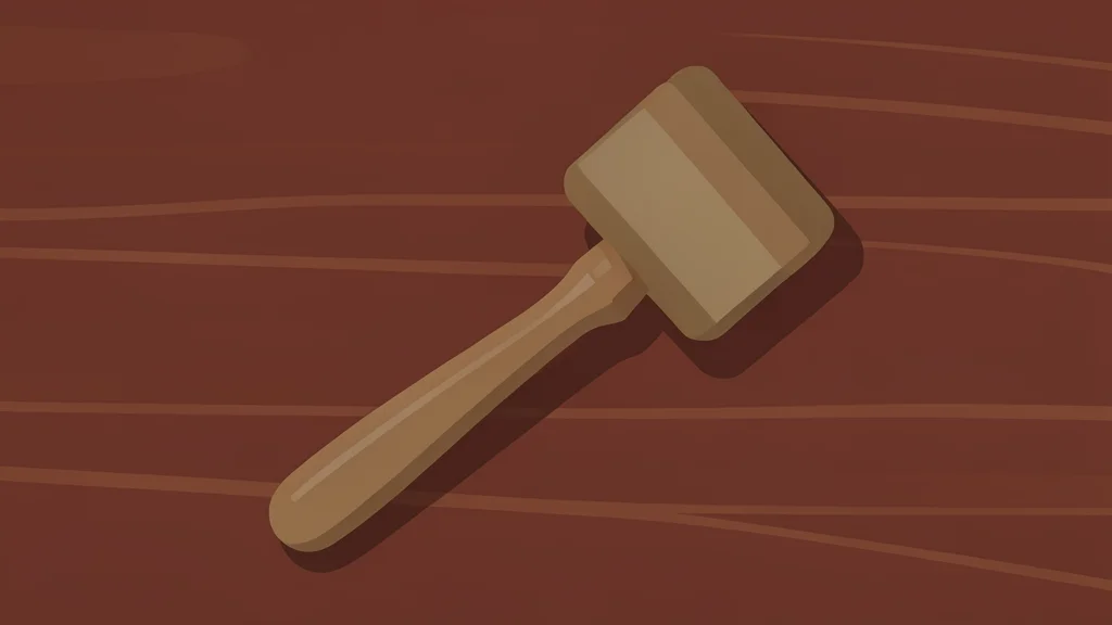 A wooden gavel resting on a polished mahogany desk surface