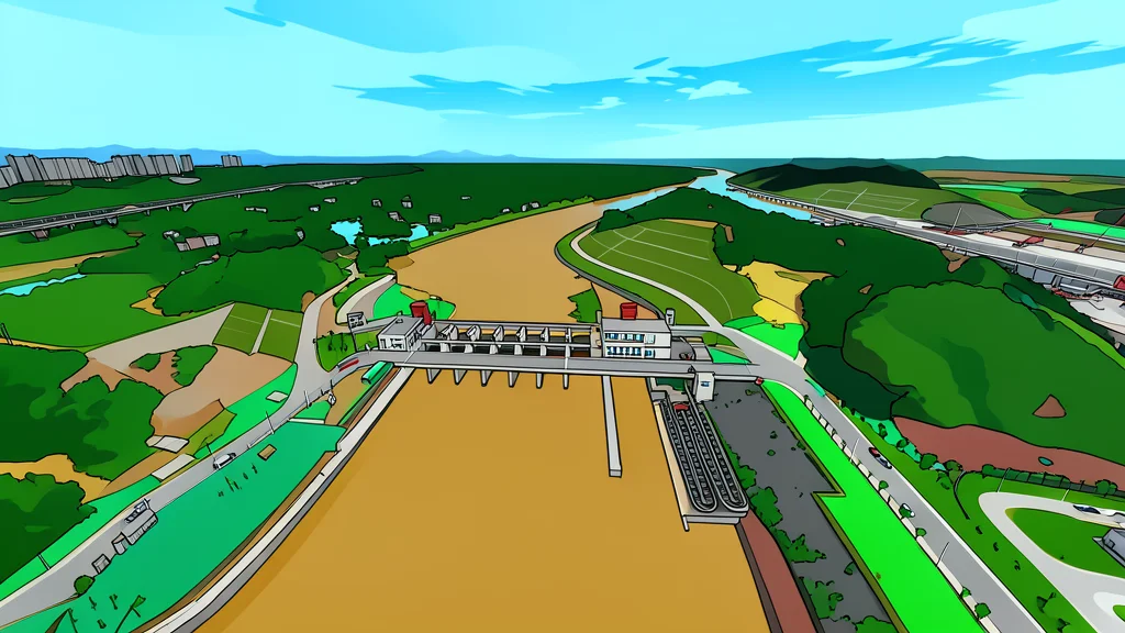 A wide, calm waterway cutting through a lush green landscape with mountains in the distance