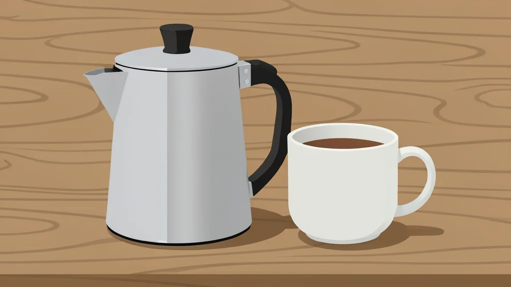A stainless steel coffee pot and a ceramic mug resting on a wooden table surface.