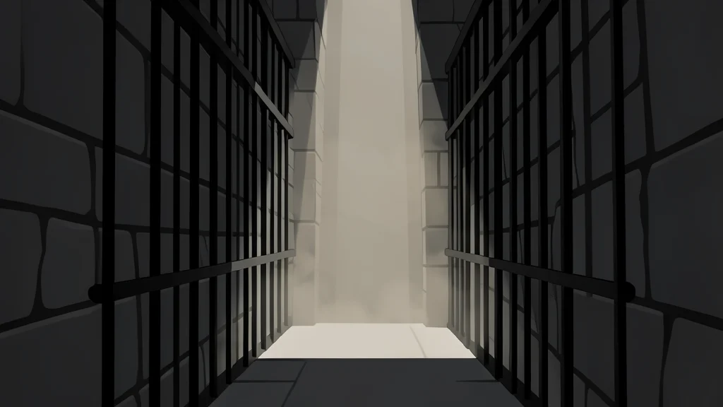 A dark, narrow stone corridor with heavy iron bars and a single shaft of light cutting through dust