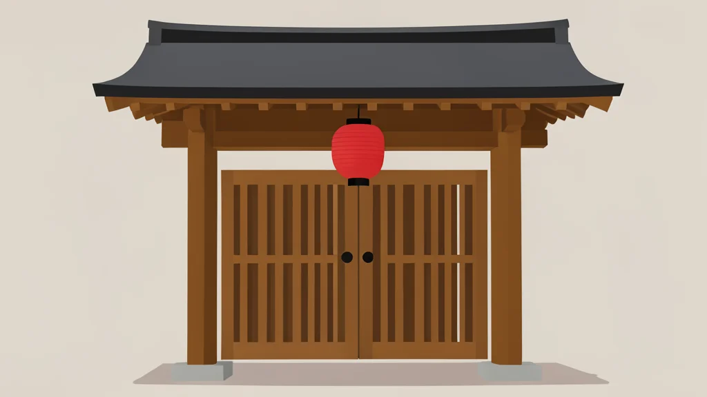 A traditional Japanese wooden gate with a red lantern hanging from the eaves