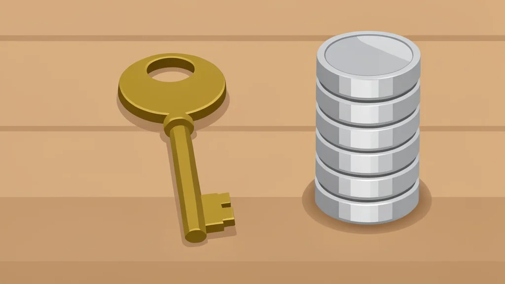 A traditional brass house key lying on a wooden surface next to a small stack of silver coins.