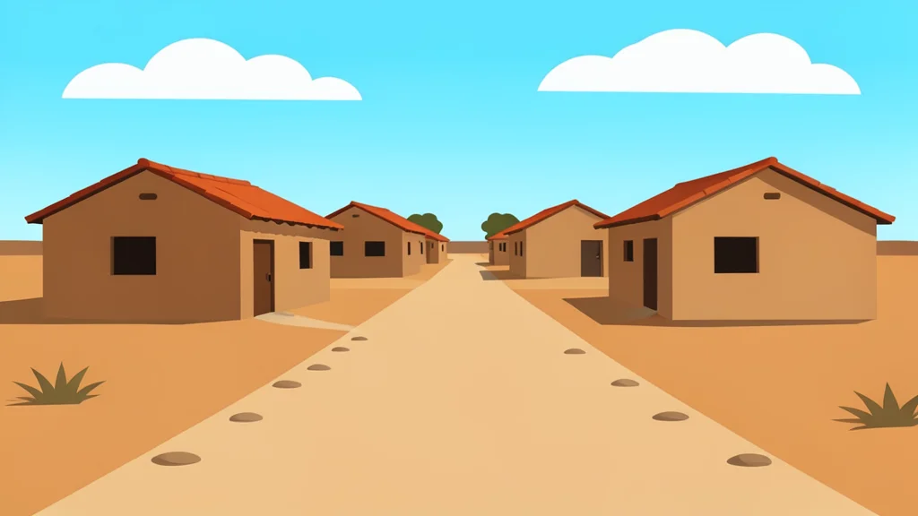 A dusty rural road leading to a cluster of simple mud-brick houses under a bright sky