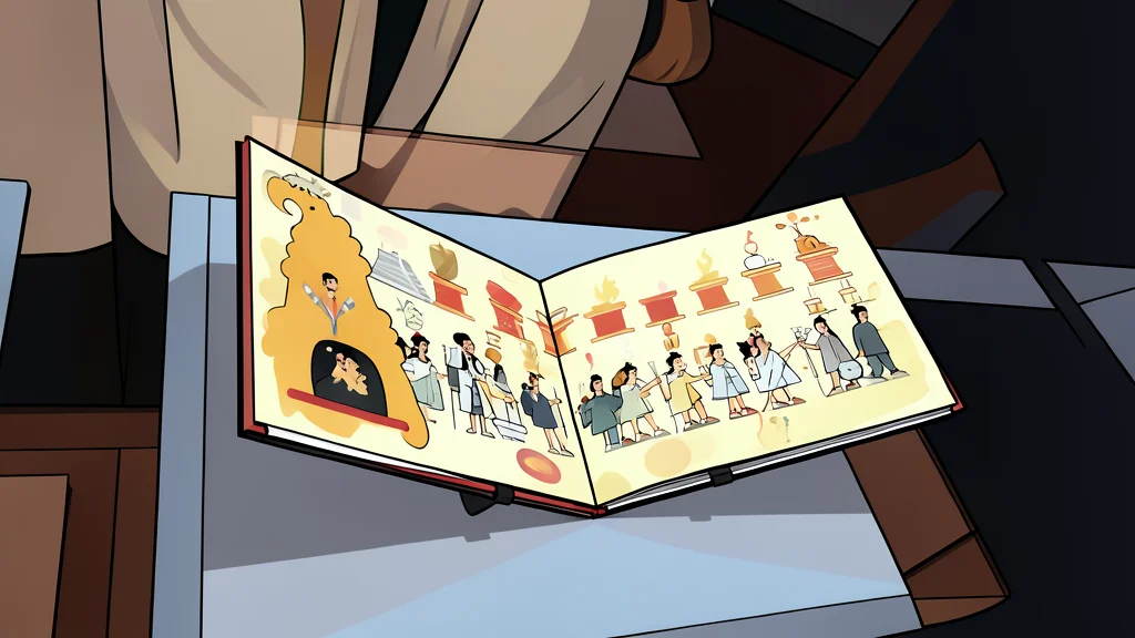 An ancient manuscript with vibrant pictograms resting on a wooden table
