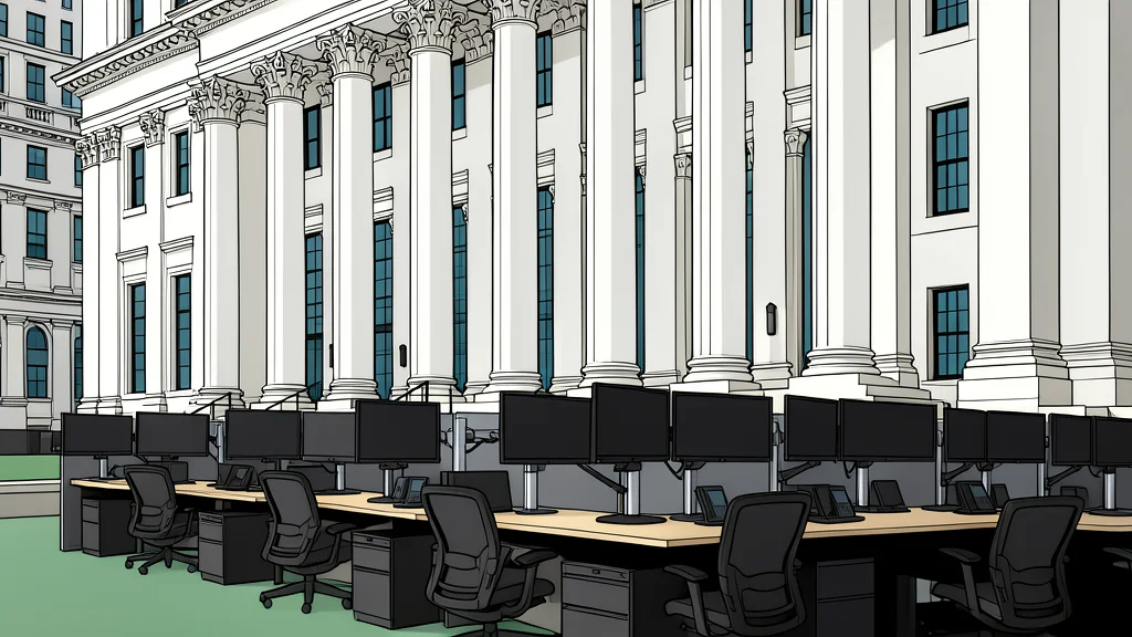 A flat vector illustration of a stack of paper currency next to a classical government building facade. No text, numbers, or logos are visible on the currency or building. The style is clean and geometric with muted blue and grey tones.