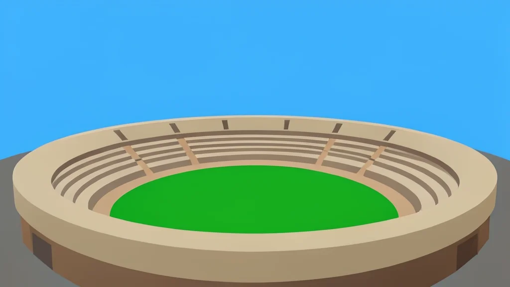A large, empty stadium bowl with tiered seating and a green playing field under a clear sky