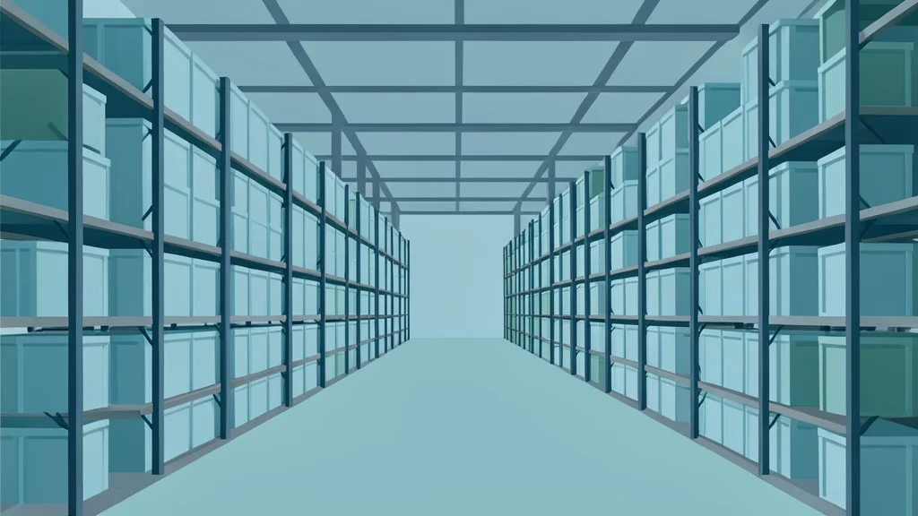 A large industrial warehouse filled with rows of stacked rectangular battery modules