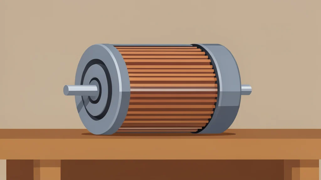 A close-up view of a cylindrical electric motor with copper windings and a metallic shaft resting on a wooden workshop bench.