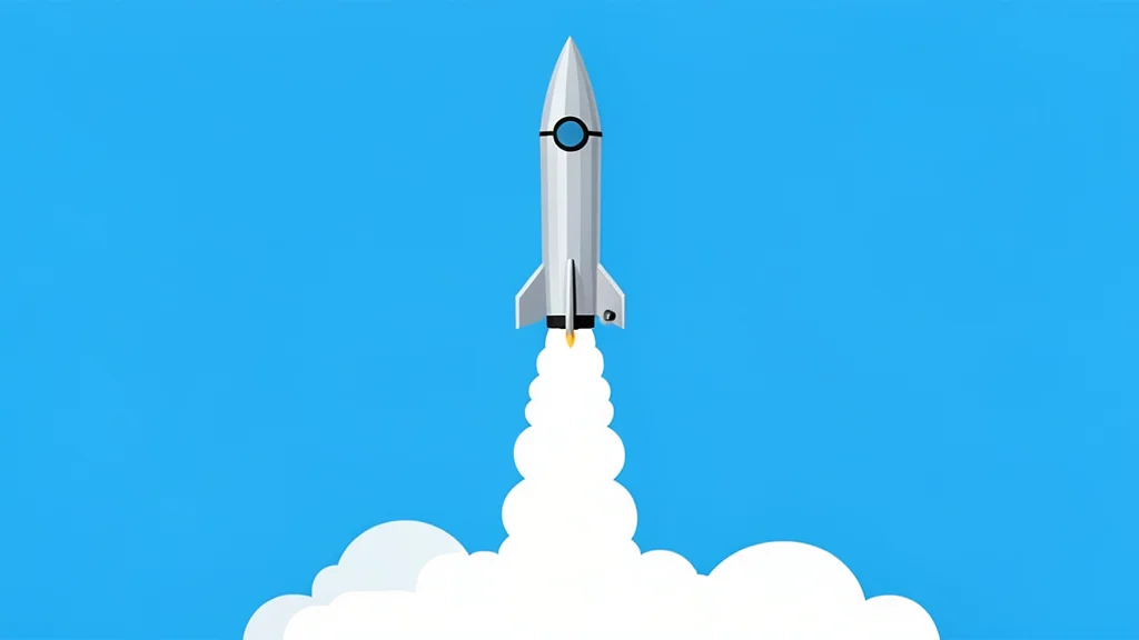 A silver rocket ascending vertically into a clear blue sky, leaving a trail of white smoke behind it.