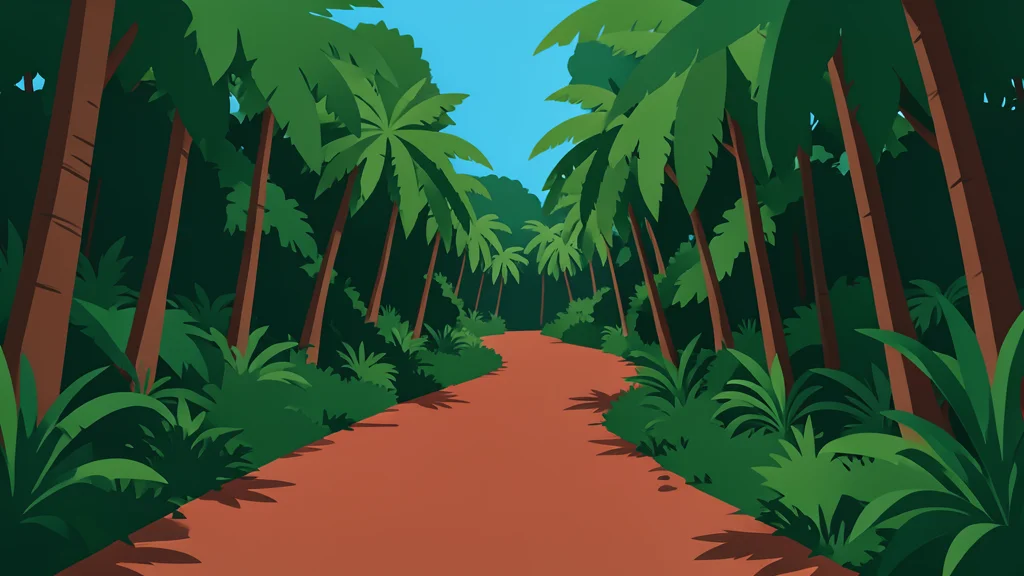 A dusty red-earth road winding through a dense, green forest in a tropical region