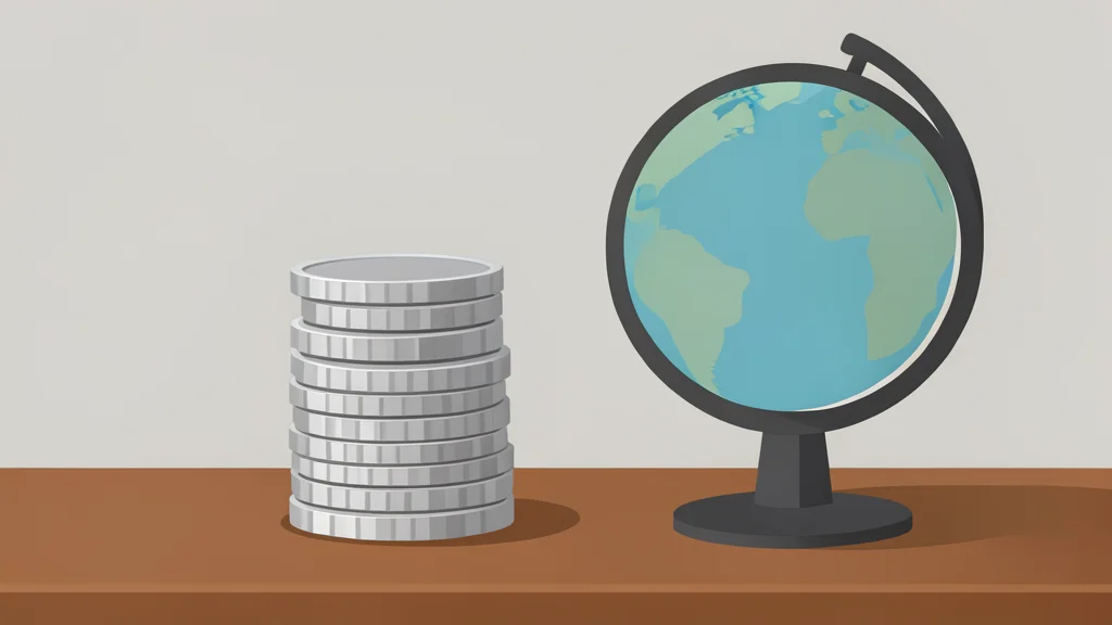 A stack of silver coins resting on a wooden desk next to a globe