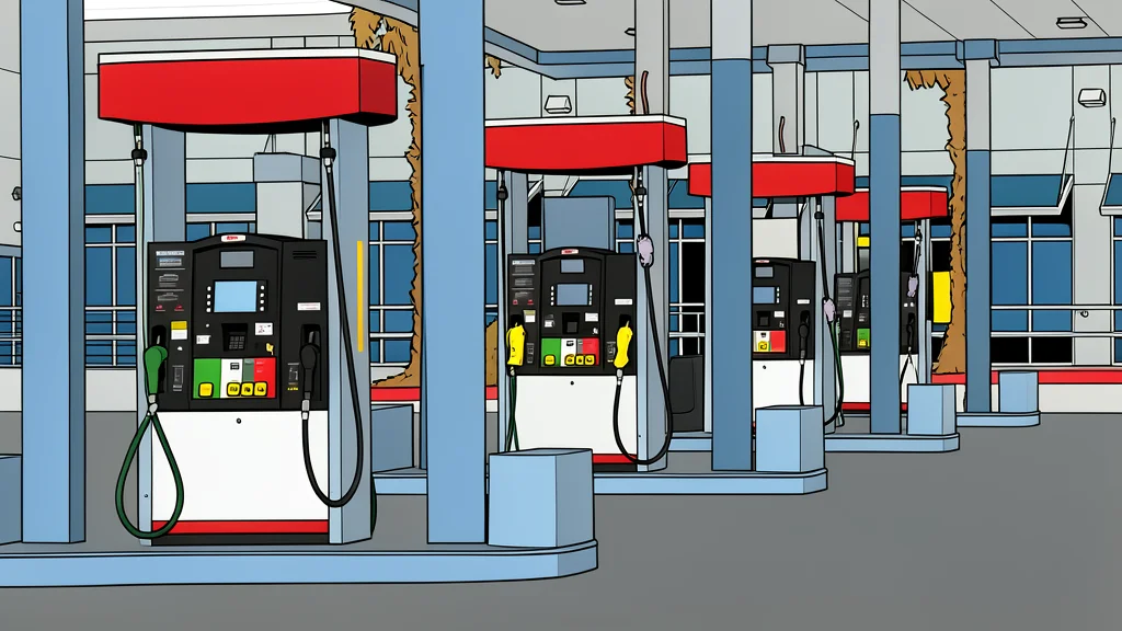 A heavy-duty semi-truck cab parked on an asphalt road next to a fuel pump nozzle