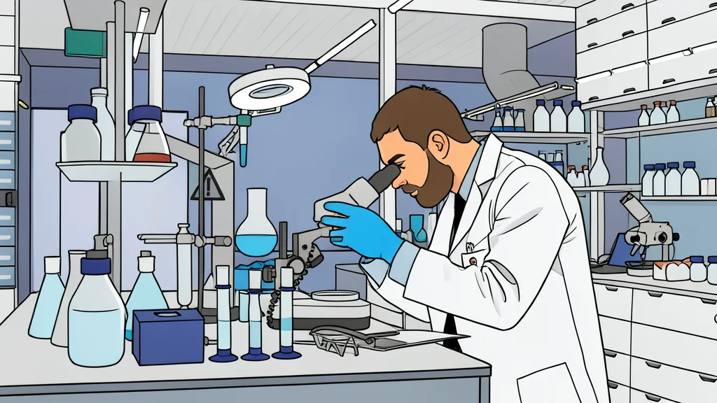 A glass vial containing a clear liquid standing on a white laboratory bench