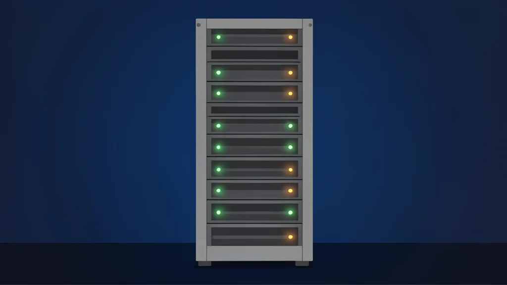 A server rack with blinking status lights in a dark room