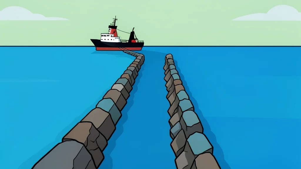 A narrow, rocky strait connecting two large bodies of water with a ship passing through