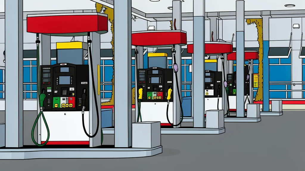 A heavy-duty semi-truck cab parked on an asphalt road next to a fuel pump nozzle