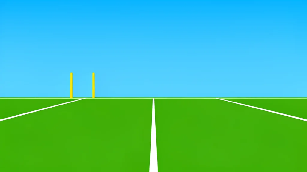 A green grass football field with white yard lines and goalposts in the distance