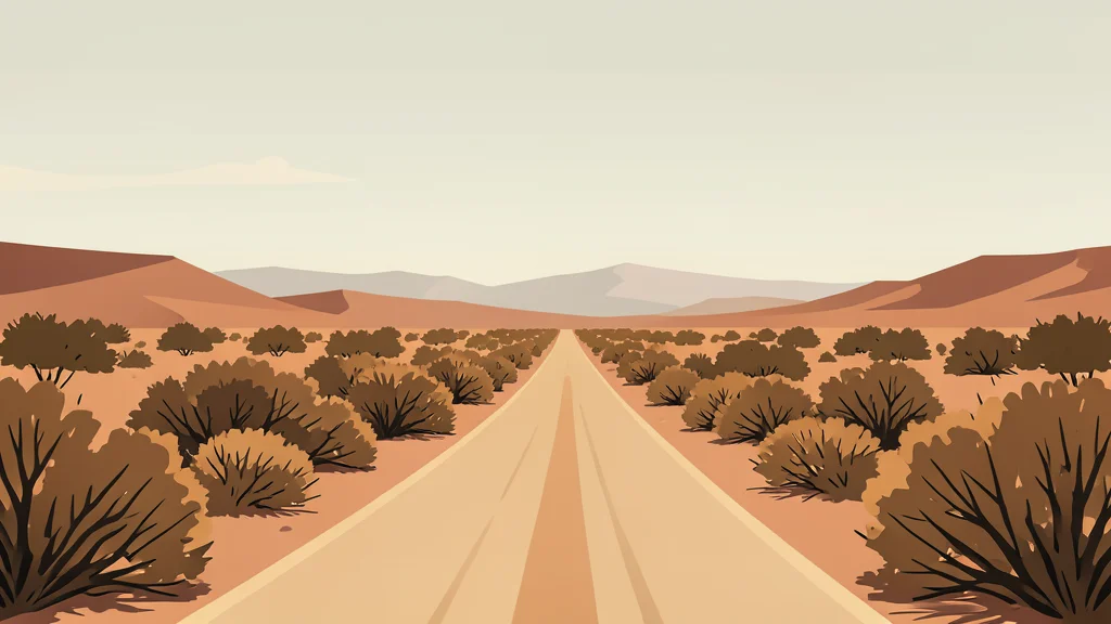 A rugged, arid landscape with dry scrub brush and a dusty road stretching into the distance under a hazy sky