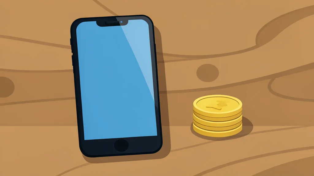 A sleek, modern smartphone resting on a wooden desk next to a stack of physical coins