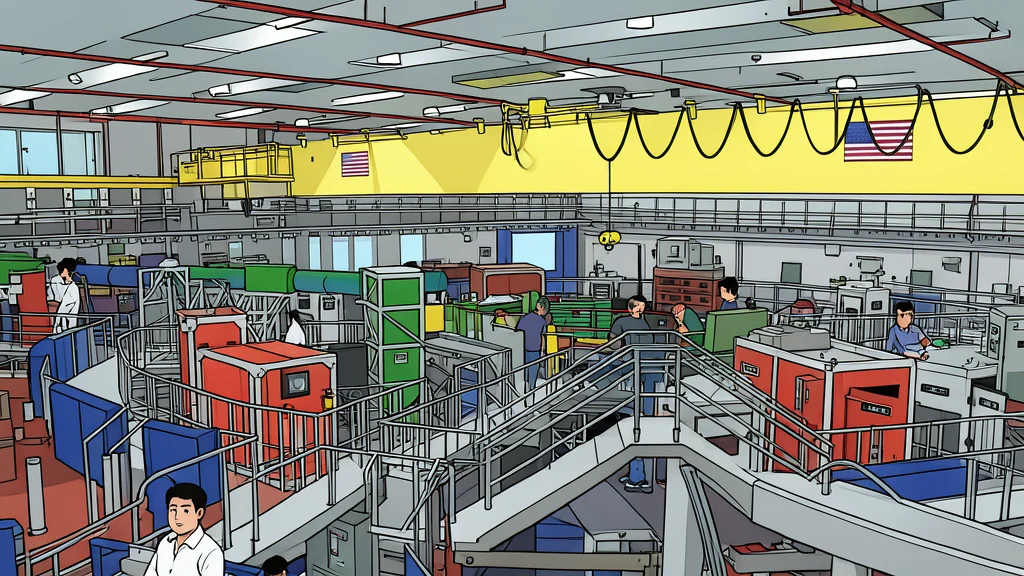 A massive, cylindrical metallic apparatus with intricate cabling and cooling pipes, situated in a sterile industrial laboratory environment.