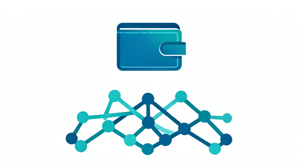 A stylized digital wallet icon floating above a geometric blockchain network diagram