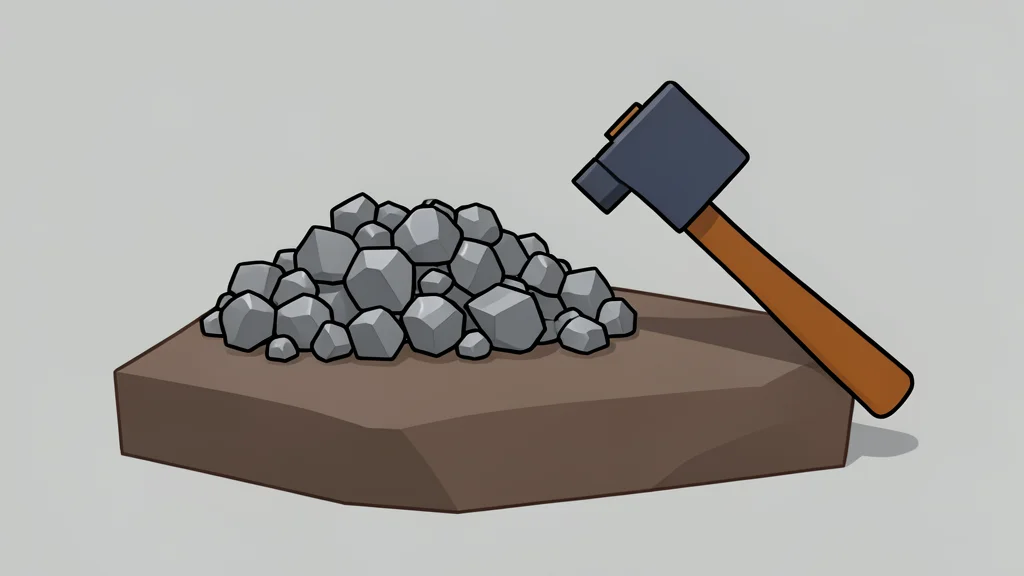 A raw pile of metallic ore chunks and a geological hammer resting on a rock sample